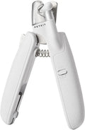White LED pet nail clippers with transparent anti-splash guard open to show triangular stainless steel blades