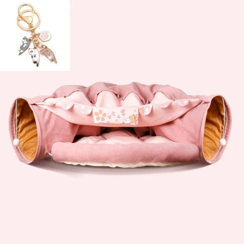 Collapsible cloth cat tunnel in four colour options measuring 45 by 50 by 22 centimetres