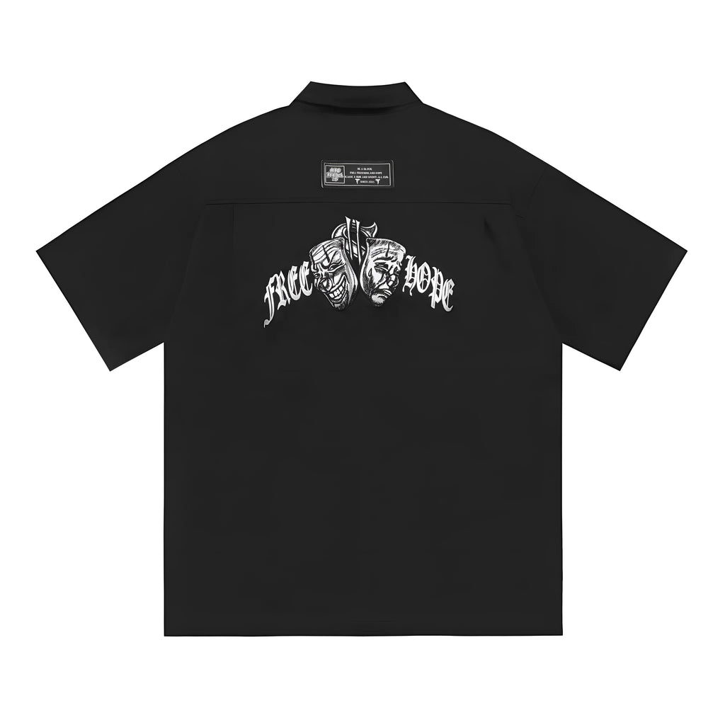 Men's loose fit black cotton blend pocket shirt with half sleeves and embroidery