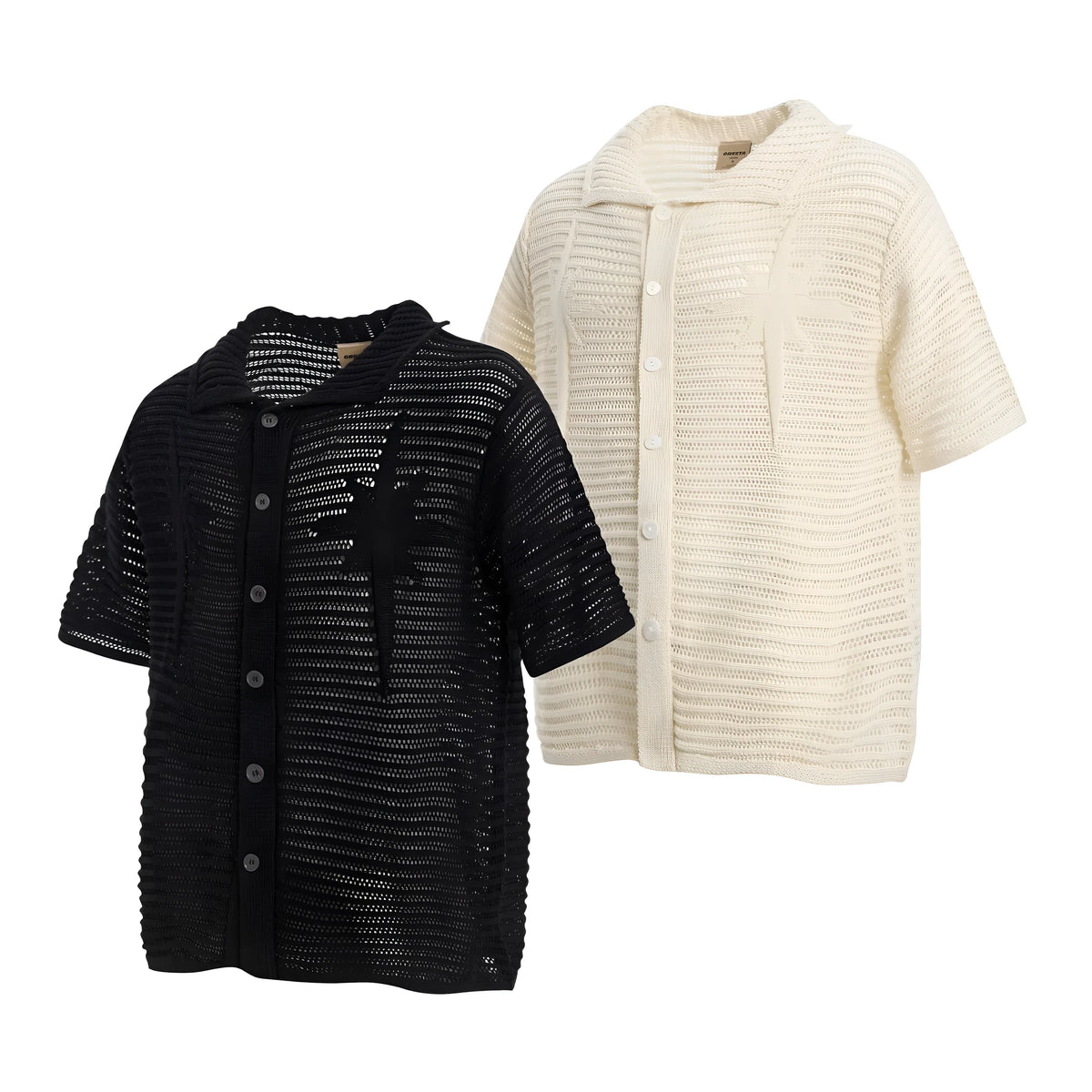 Men's apricot and black loose fit cotton short sleeve shirt with retro styling