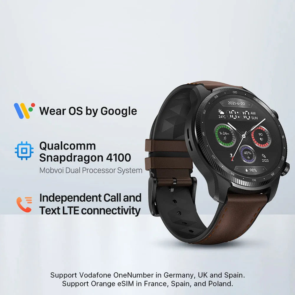 Ticwatch Pro X black smartwatch with stainless steel case and dual-layer display on a wrist