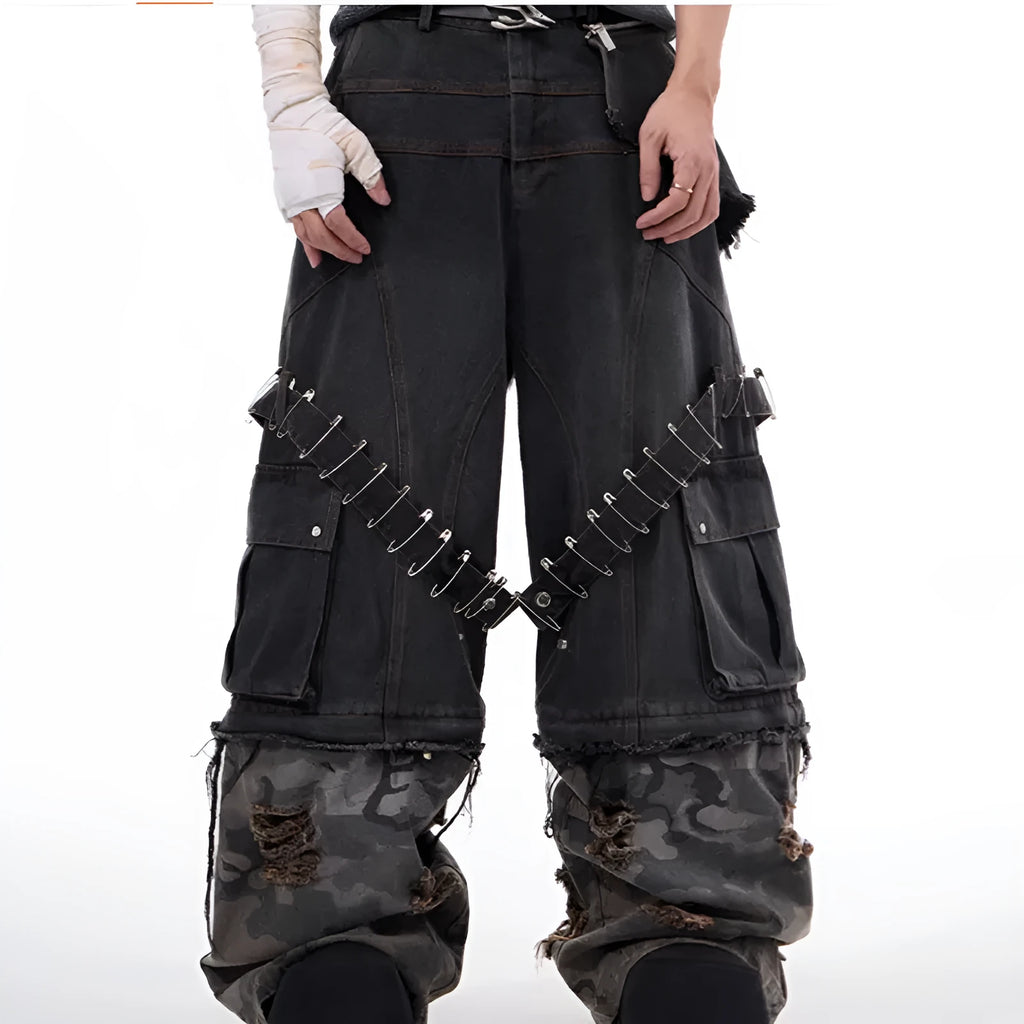 Men's grey cotton denim jeans with camouflage splicing pattern and structural pin and ribbon decorative details