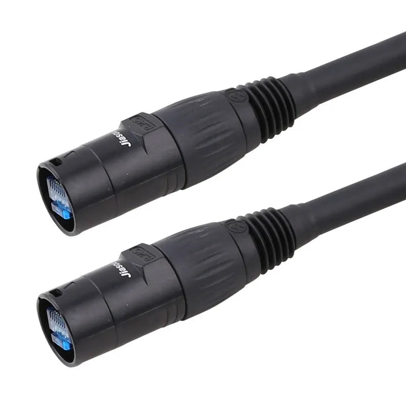 Black CAT6 RJ45 network extension cable with plug connectors on a white background