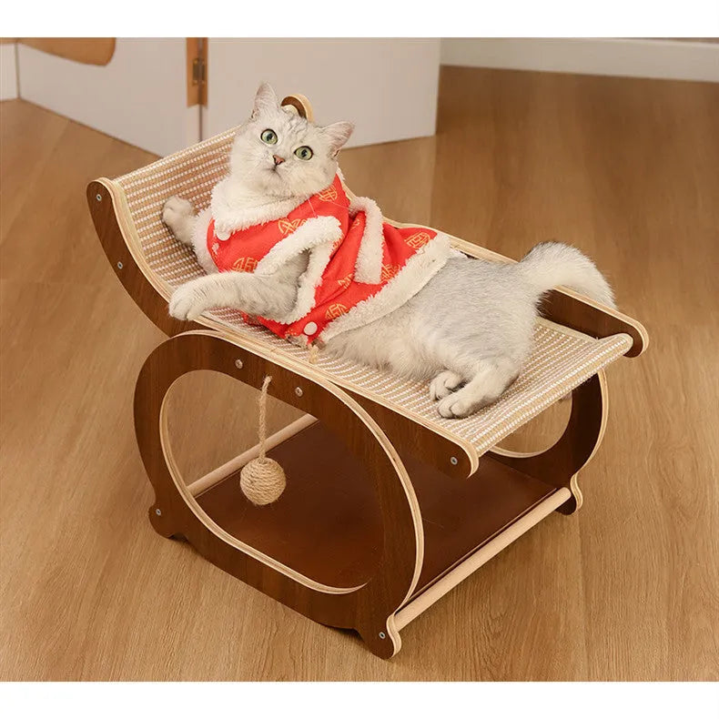 Solid wood cat recliner bed with an integrated sisal scratching surface in walnut colour.