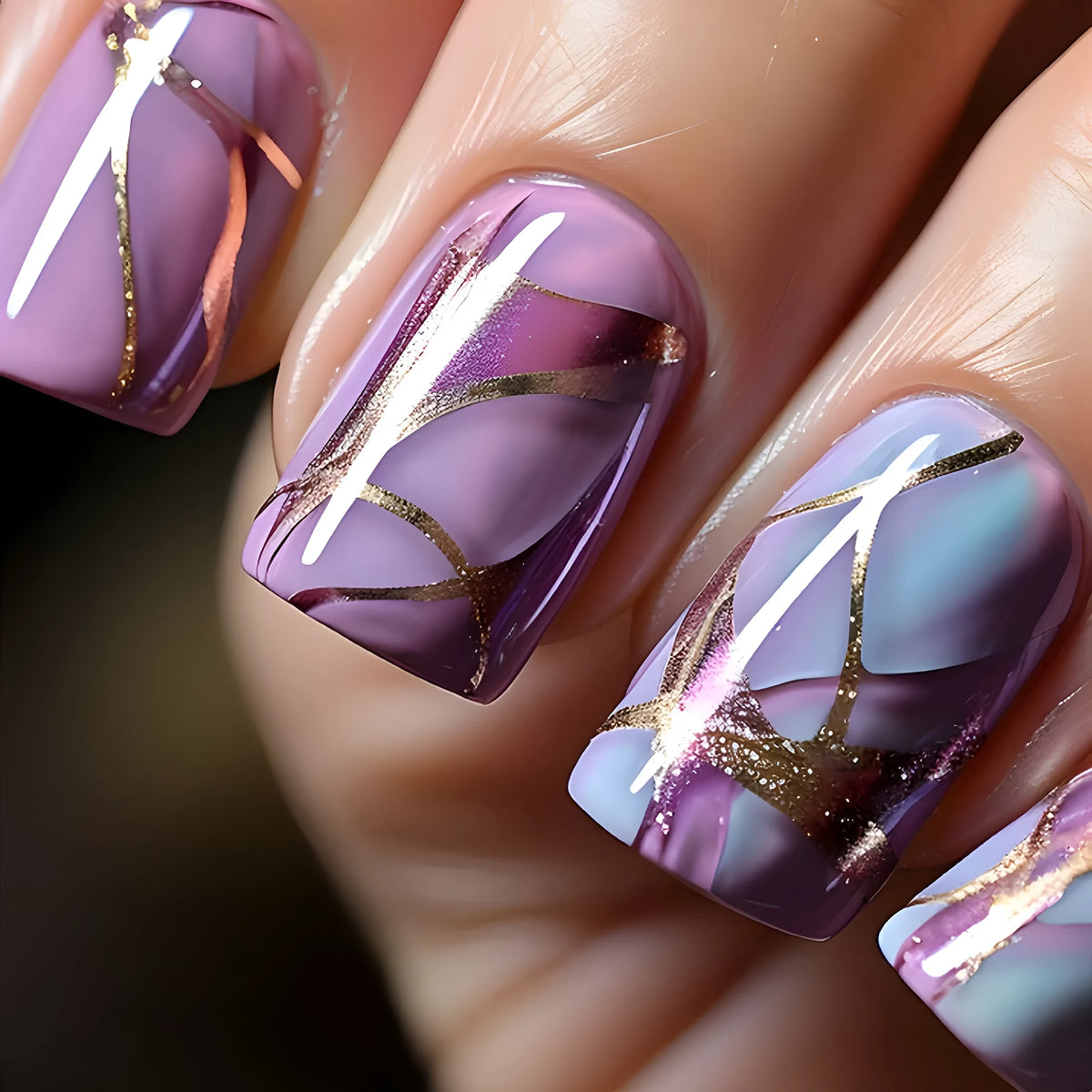 Purple striped nail stickers with mid-length European and American styling, jelly glue adhesive