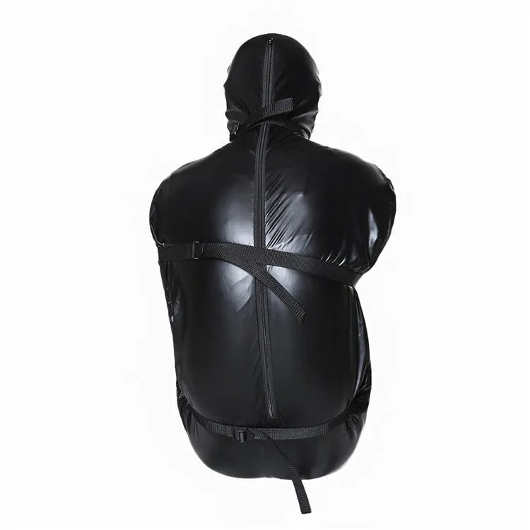 Black patent leather bondage set showing full body wrap and six ratchet tie-down straps arranged together