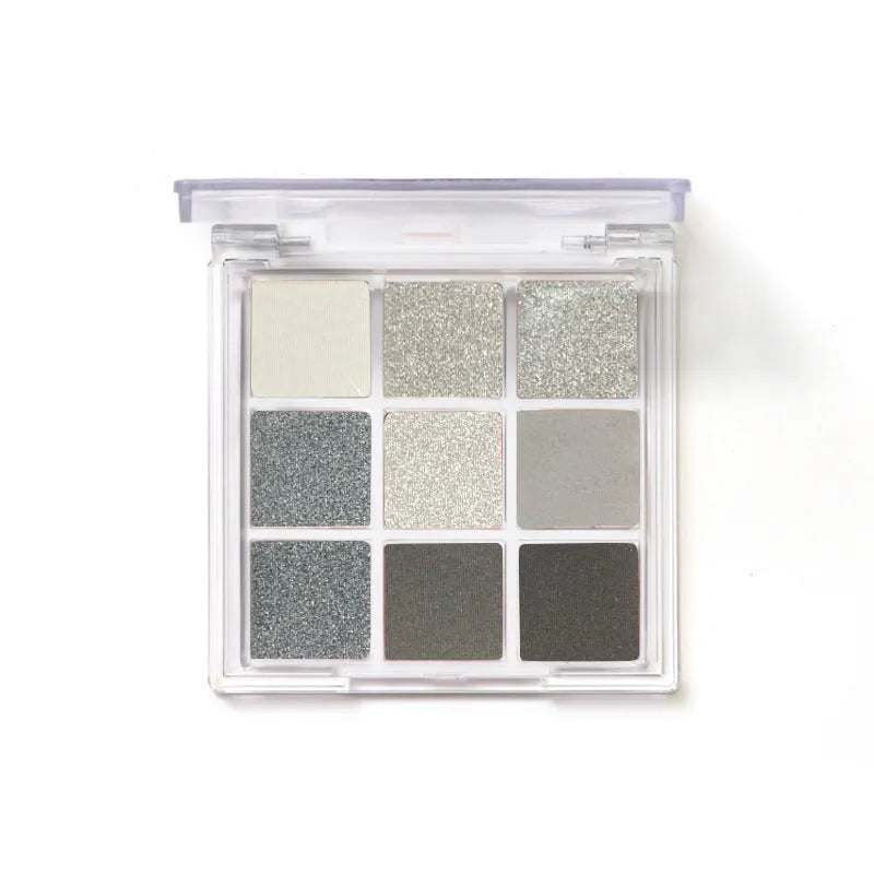 INS style nine-colour eye shadow palette showing white, silver, black, and iron grey shades.