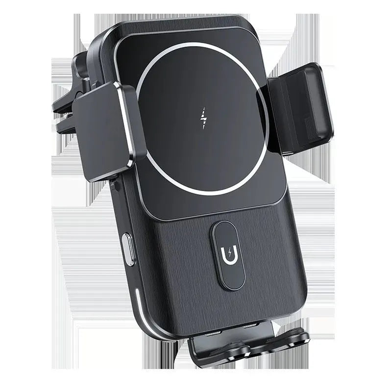 Black car wireless phone charger mounted on dashboard with suction cup