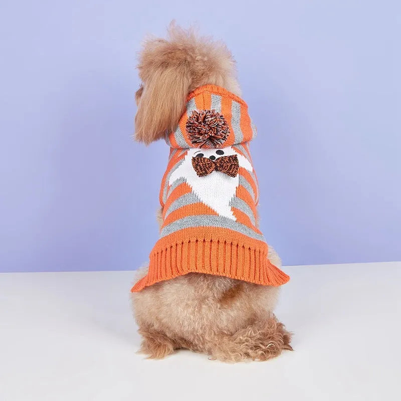 Orange striped knitted pet sweater with hood and fur ball trim for small dogs and cats