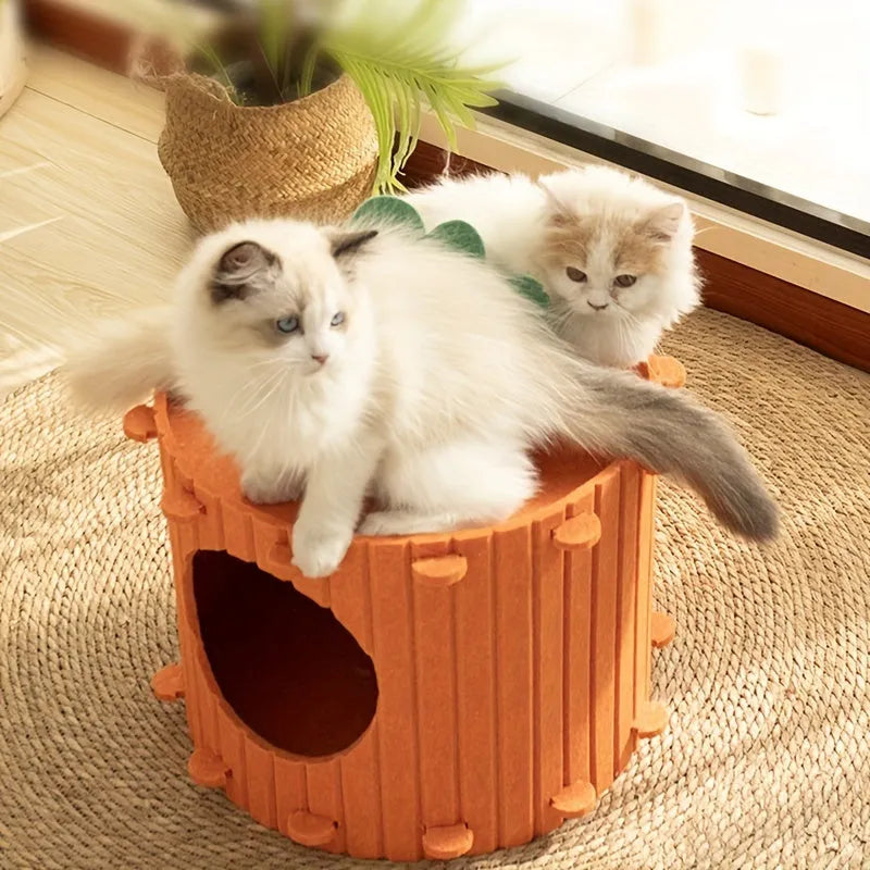 Brown carrot-shaped felt cat tunnel bed showing semi-enclosed design for feline sleeping