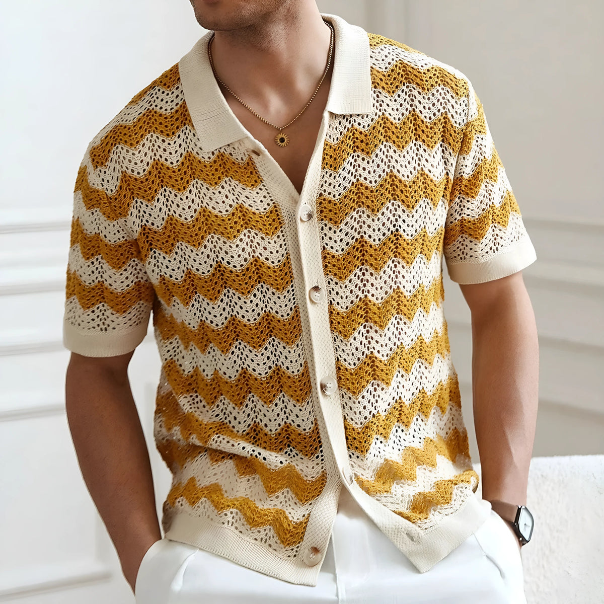 Short sleeve Tencel viscose summer sweater with hollow jacquard corrugated texture and flocking detail in blue colour
