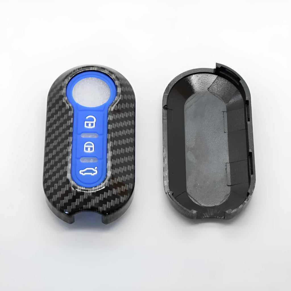 Fiat 500 Boyue ABS plastic remote key shell with carbon fibre pattern in black, red, and dark blue colours