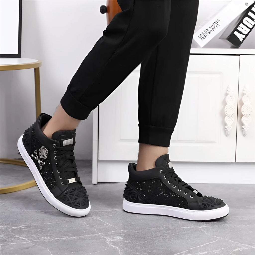 Men's black and red genuine leather high top skeleton shoes with lace-up closure.