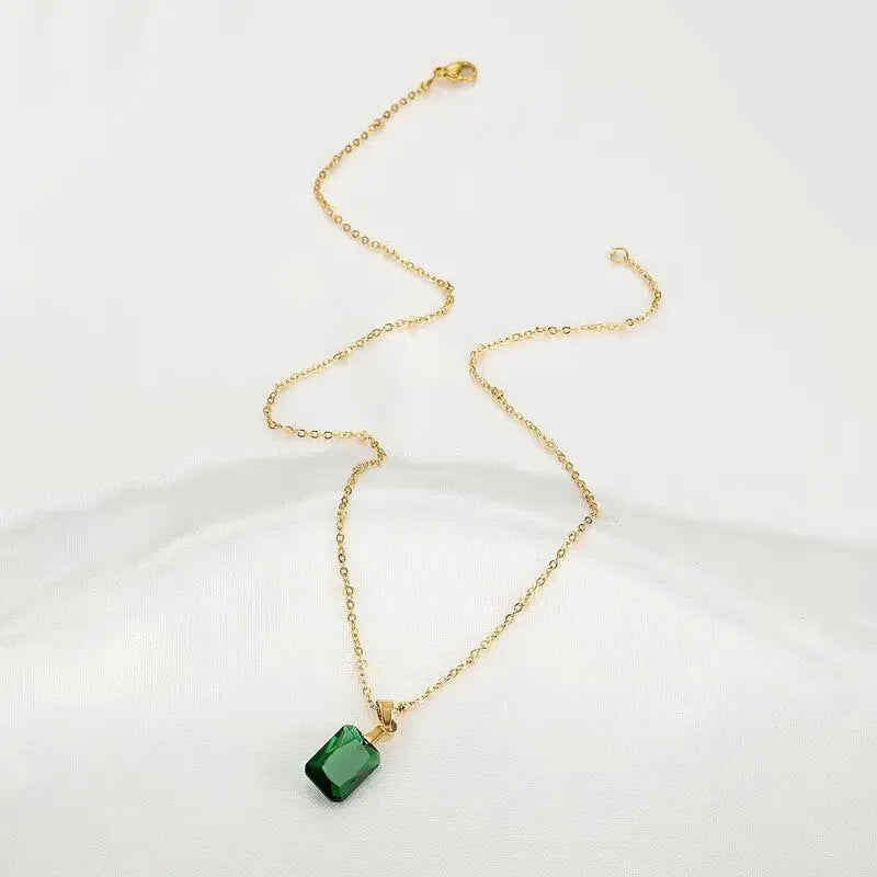Copper geometric necklace with rectangular pendant on O-ring chain in green colour