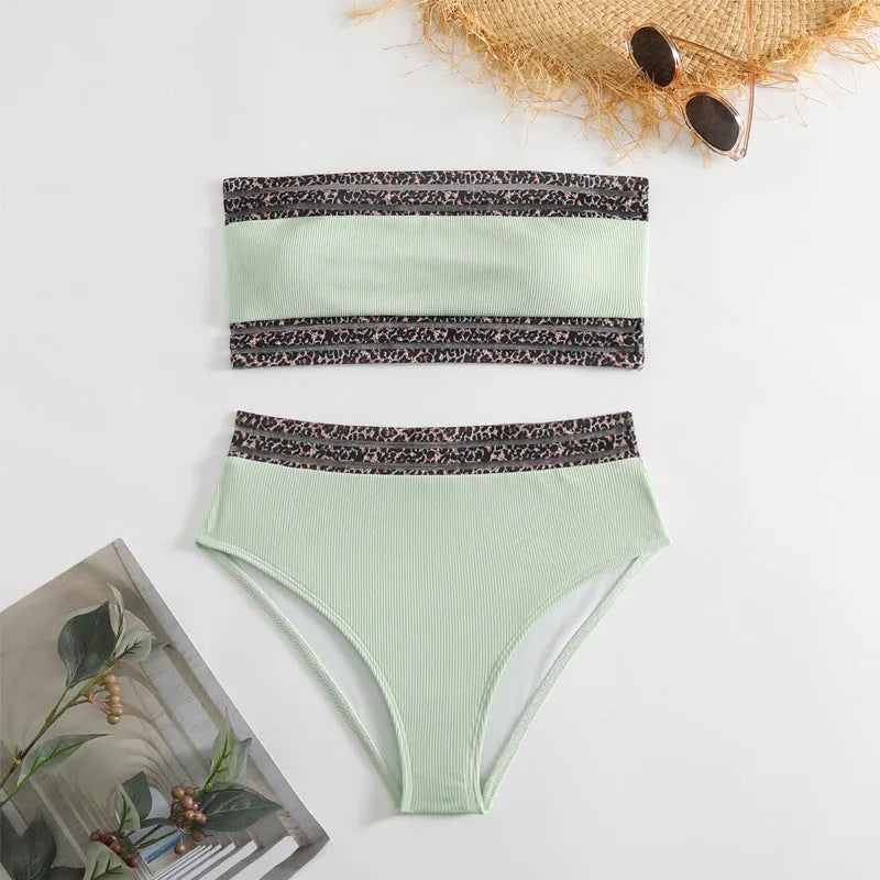 Black leopard pattern strapless two-piece swimsuit with bandeau top and briefs