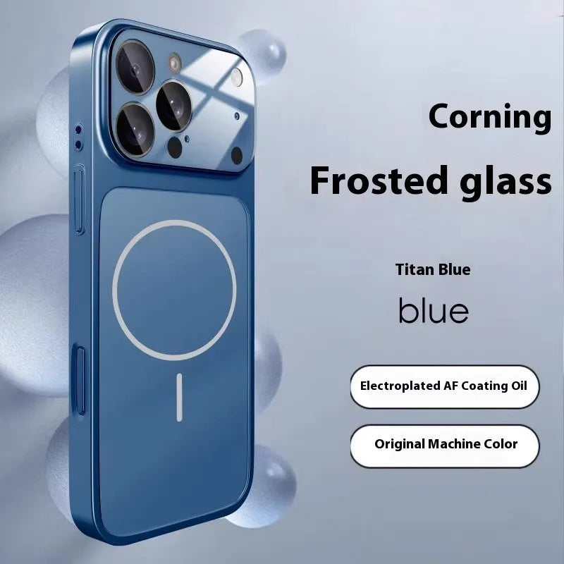 Frosted tempered glass magnetic phone case for iPhone on a table, showing orange colour option.