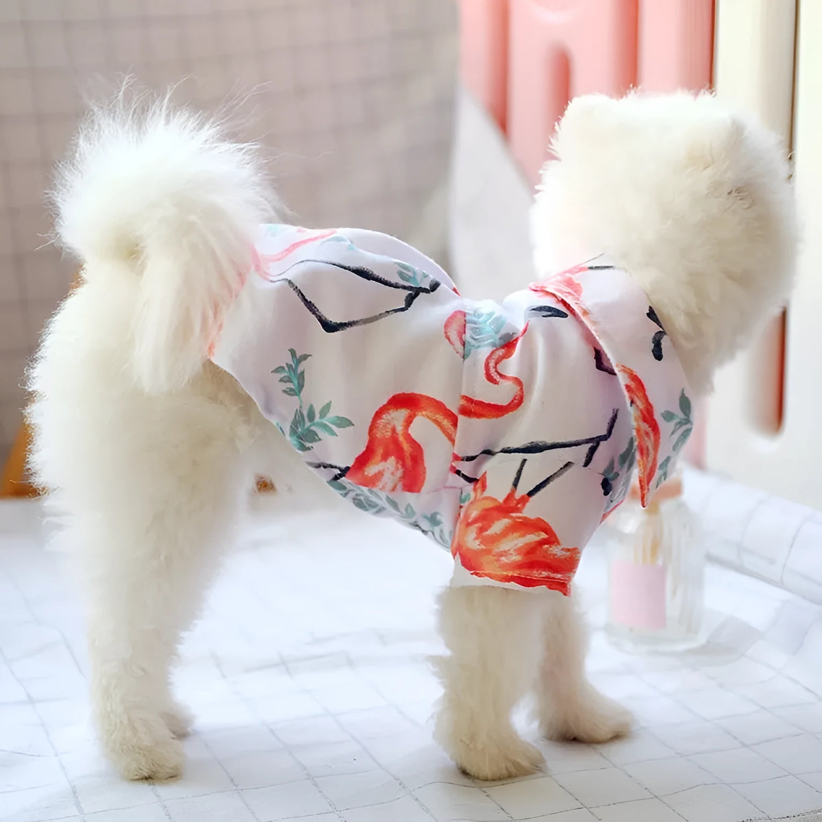 Small dog thin summer shirt in flamingo or dragonfly design, sizes XS to XL