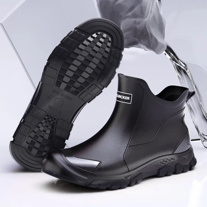 Short tube black PVC rain boots with round toe and flat heel on a non-slip plastic sole.