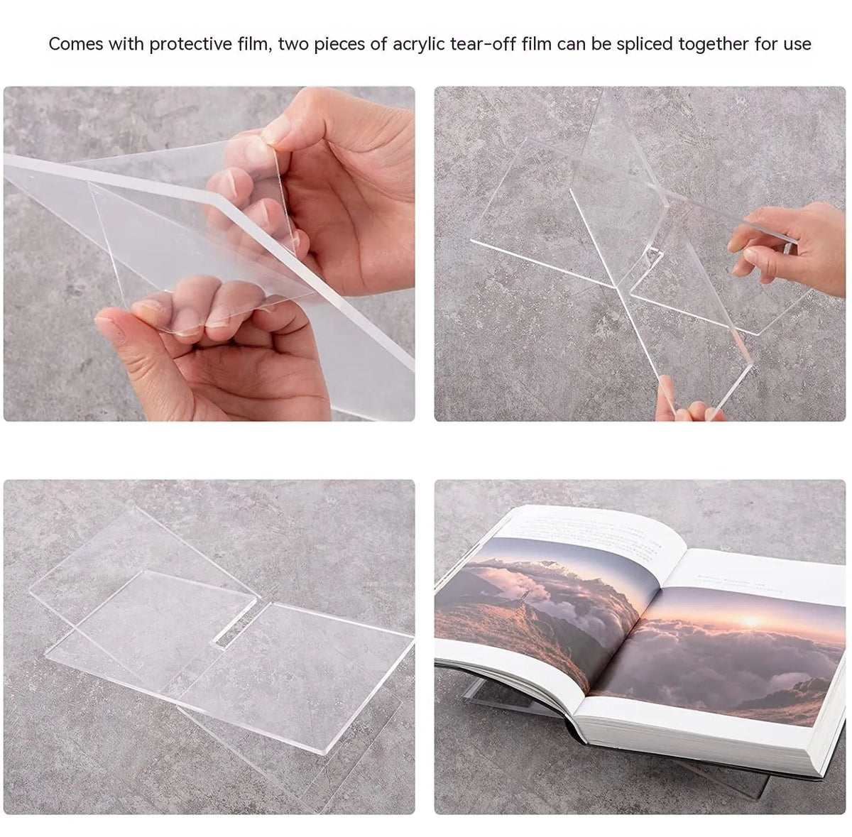 Transparent acrylic X-shaped book display rack holding books upright on desktop