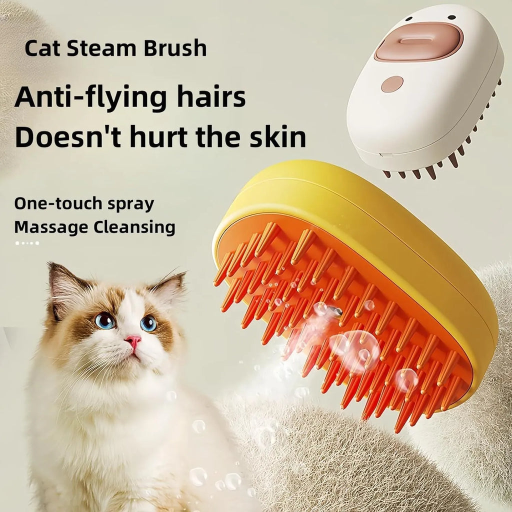 White and yellow pet steam brush with silicone bristles and water tank for dog and cat grooming