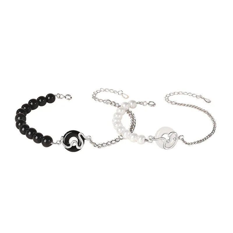 925 sterling silver bracelet with safe buckle, snake design, and obsidian pearl for men and women.