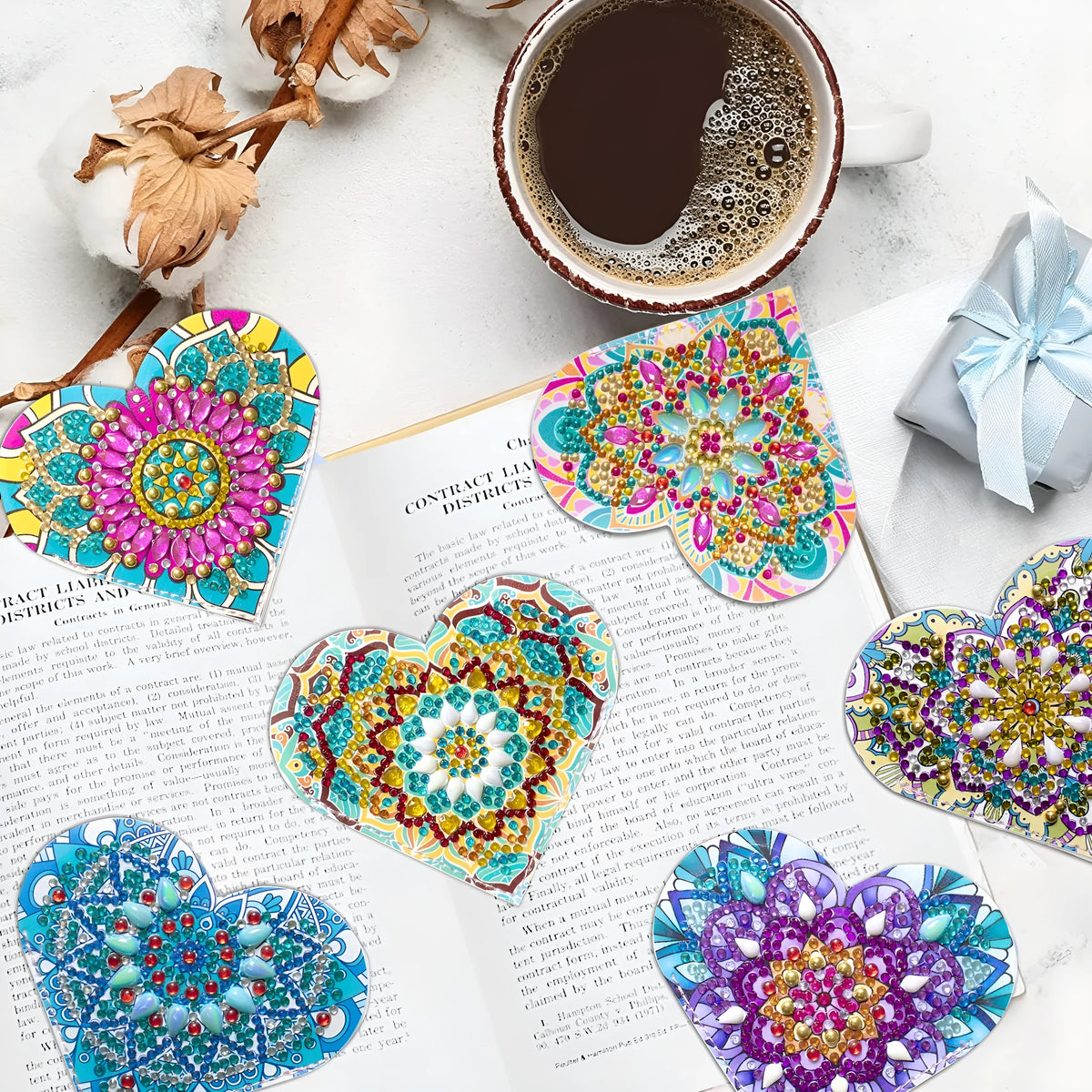 Six handmade PU leather bookmarks with stick-on crystals and decorative flower cornerite pieces