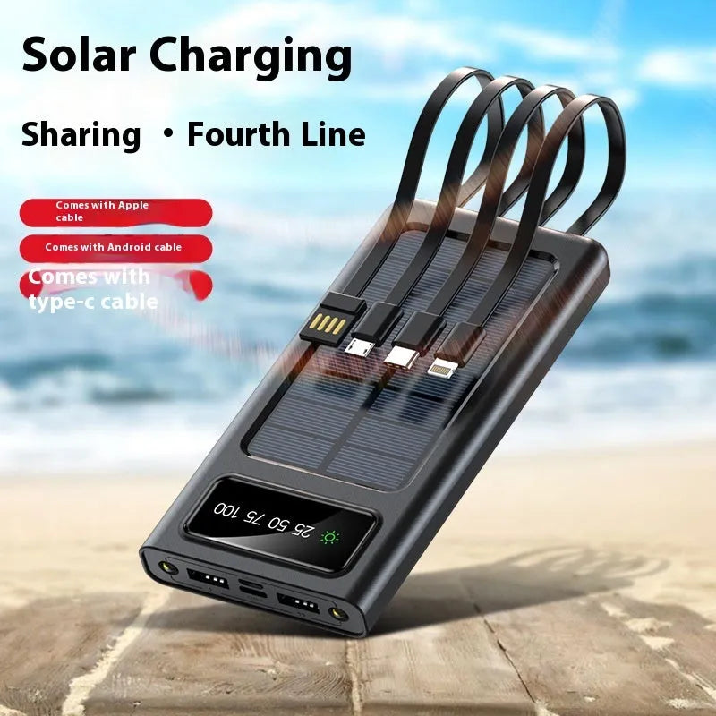 Solar portable power bank with 20000mAh capacity in black or white colours showing creative design
