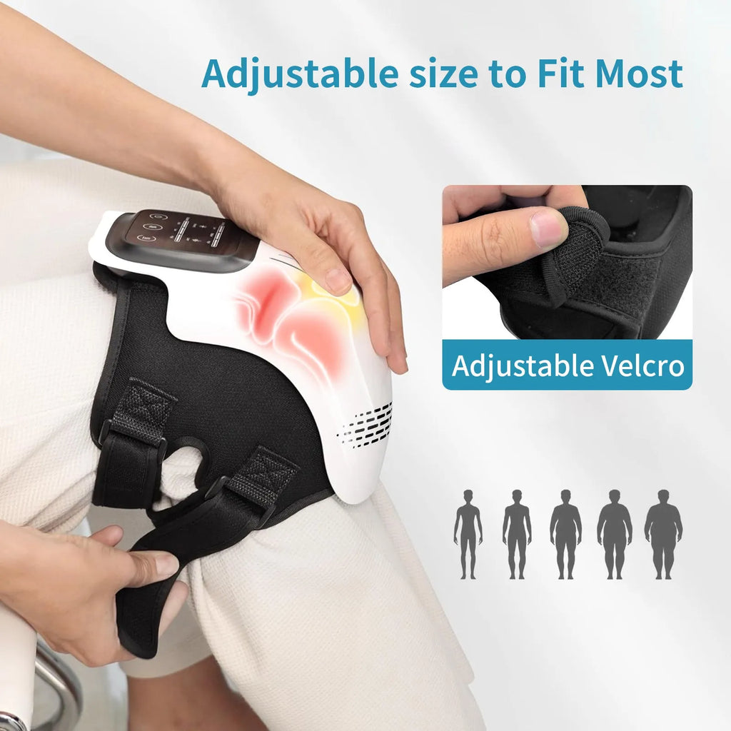 Intelligent electric knee massager with adjustable strap showing white and wood colour options