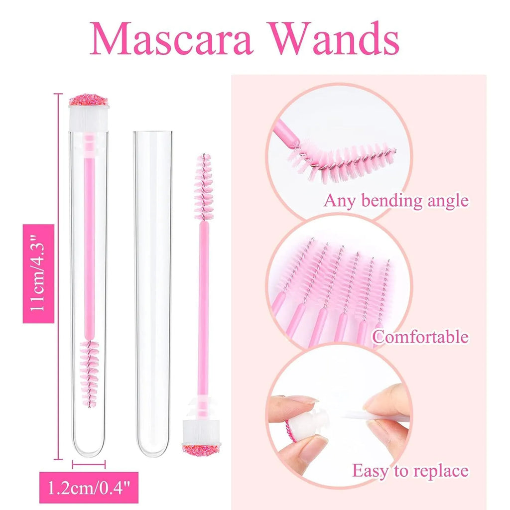 Set of coloured disposable eyelash brushes stored in clear plastic tubes for mascara and lash care