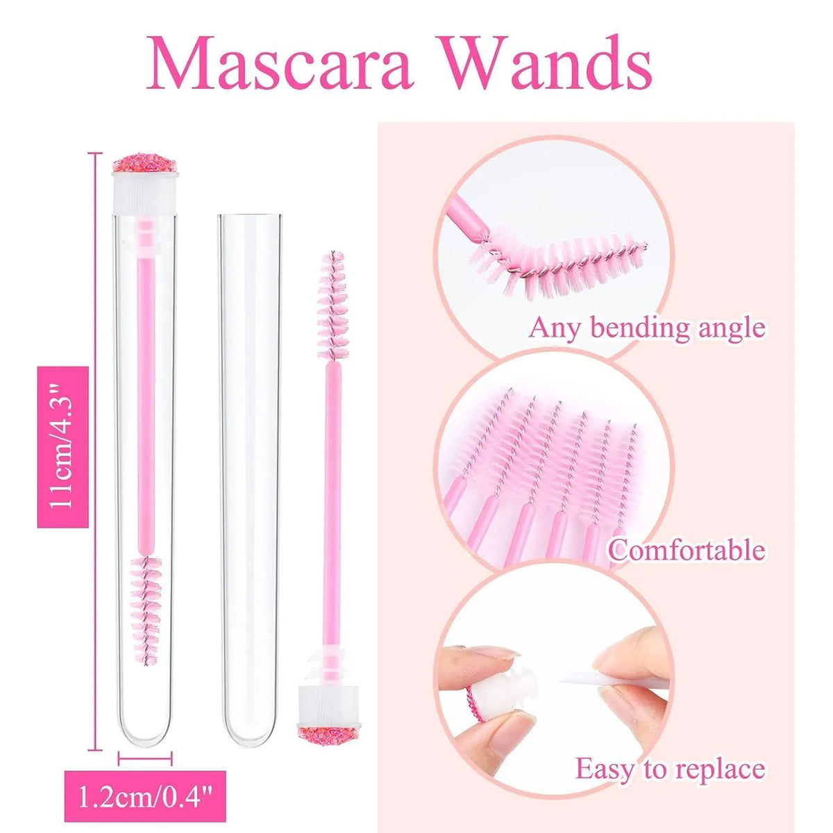 Set of coloured disposable eyelash brushes stored in clear plastic tubes for mascara and lash care