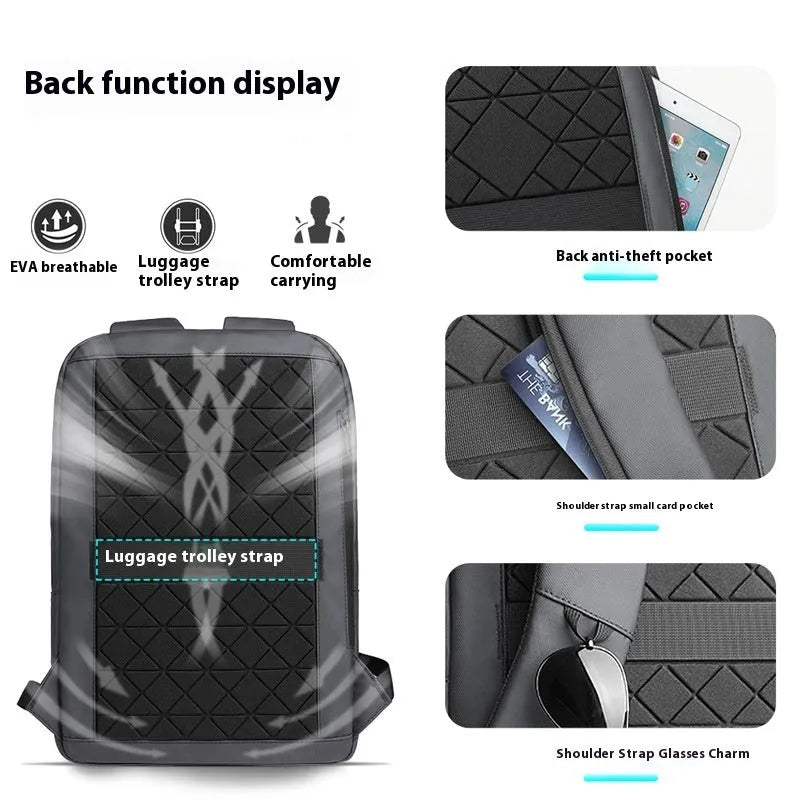 Men's solid colour Oxford cloth backpack in lightweight design for business travel.