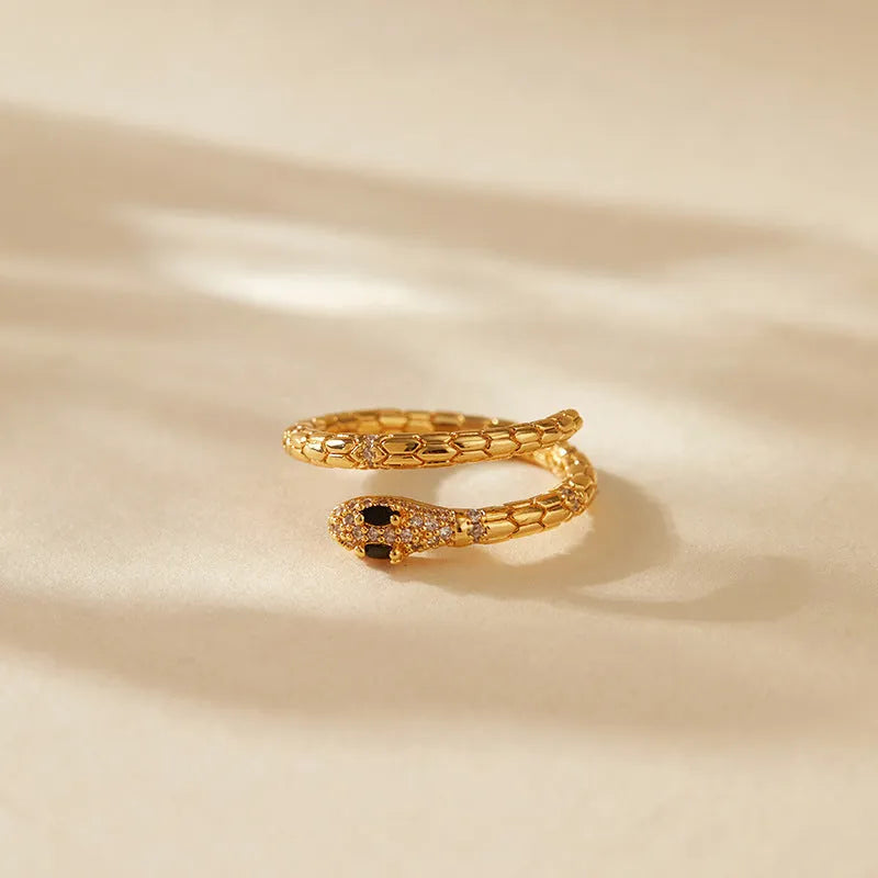 Adjustable copper snake ring with 18K gold colour plating and open mouth design