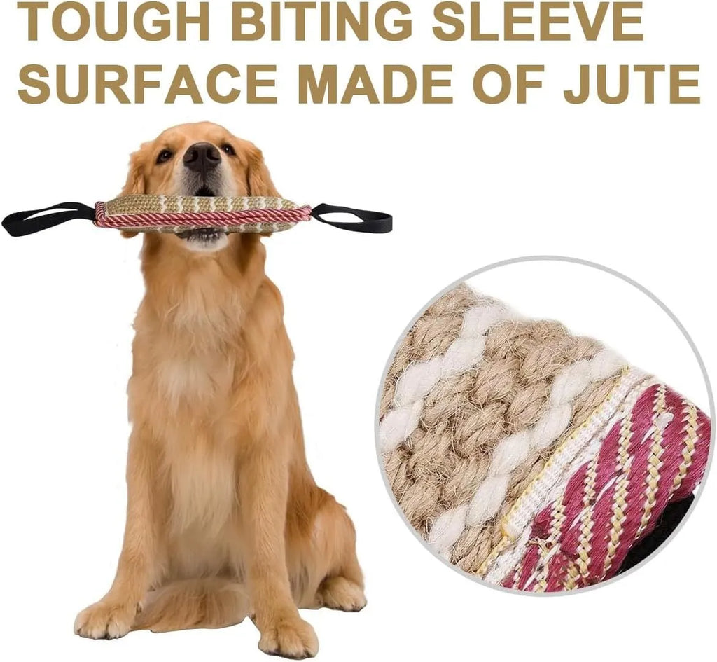 Beige jute dog tug toy with two fabric handles, shown alongside a pink version