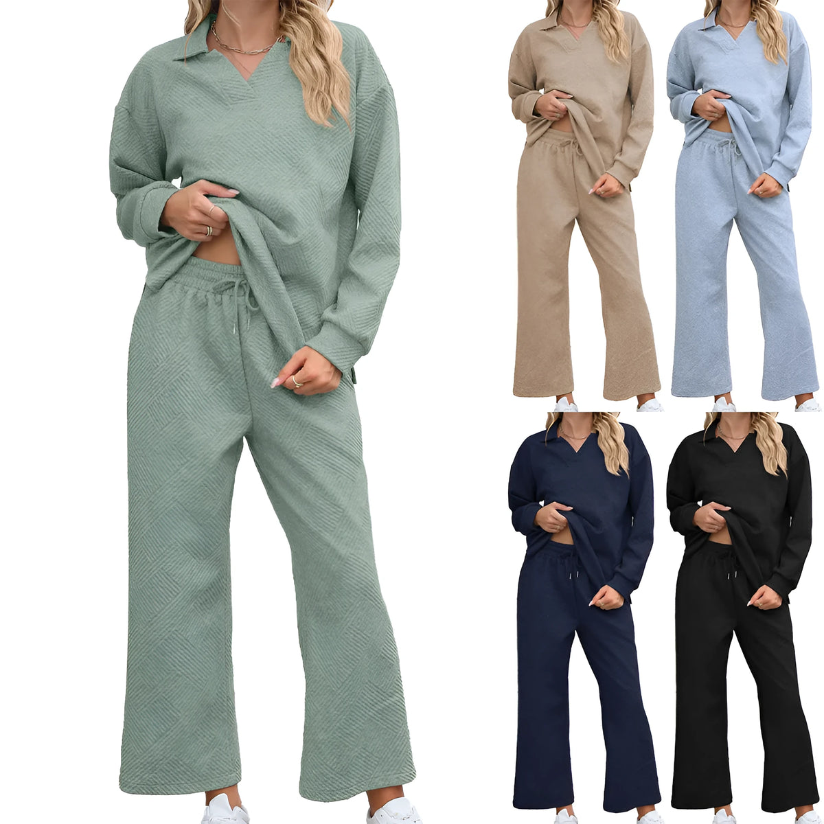 Women's black knitted jacquard sweater and elastic waist cropped trousers suit set on a hanger