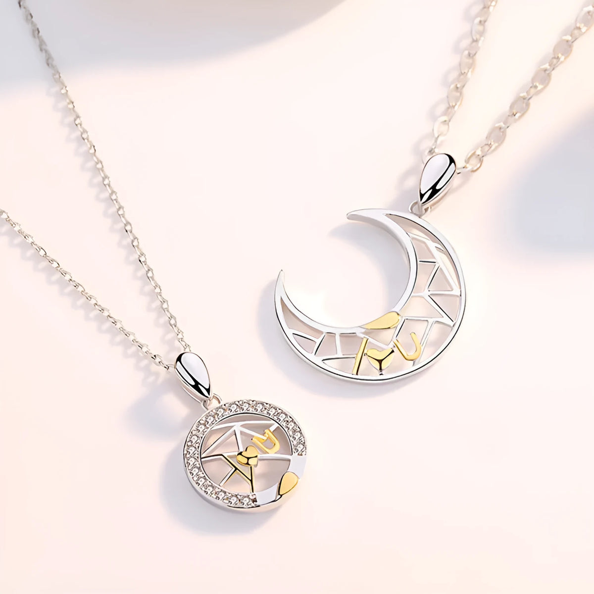 Sun and moon couple necklaces with copper pendants on cross chains, male and female colour variants