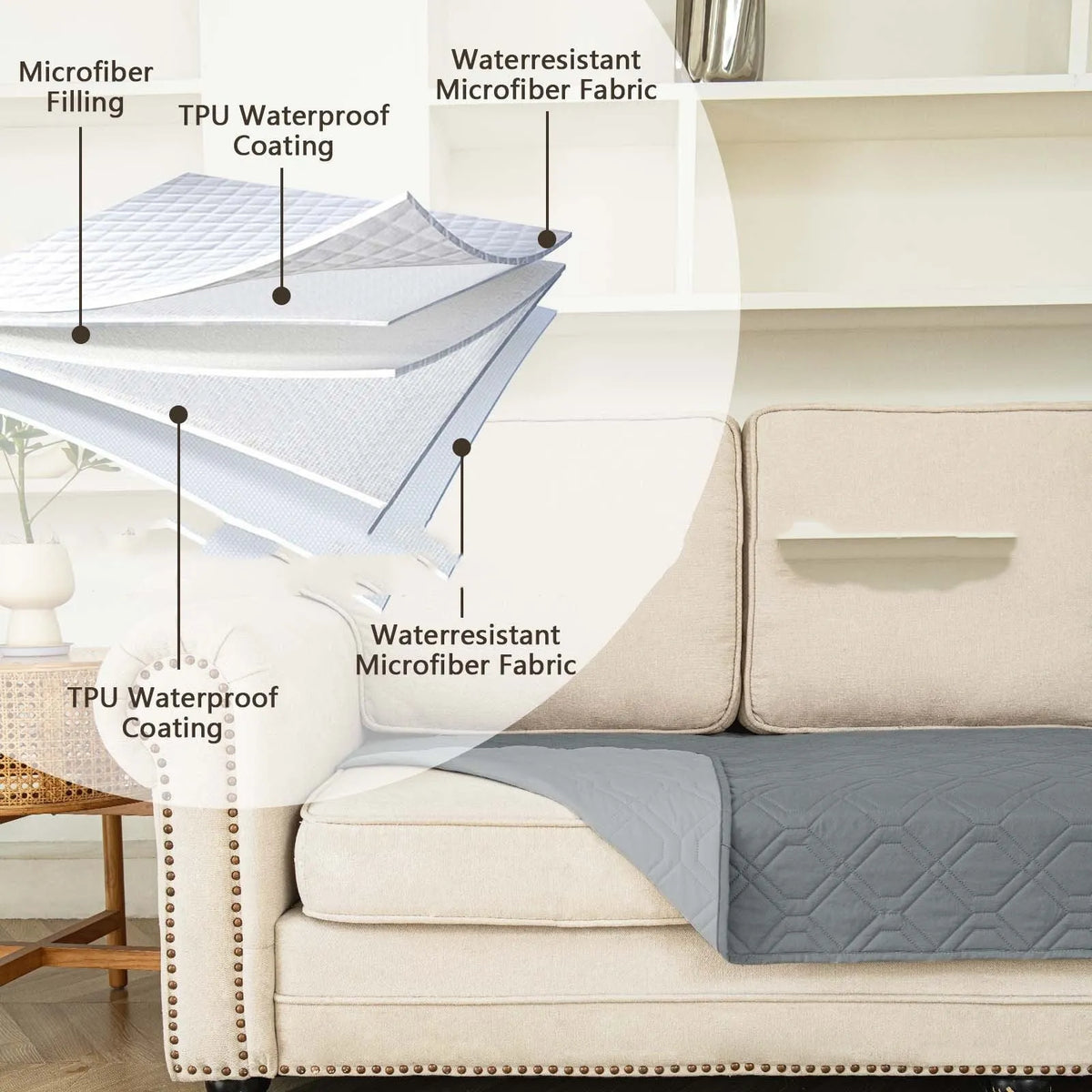 Reversible waterproof dog sofa cushion in khaki and beige, shown on a grey sofa.