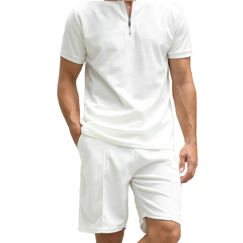 Men's solid colour polo shirt and trousers two-piece suit set on a hanger
