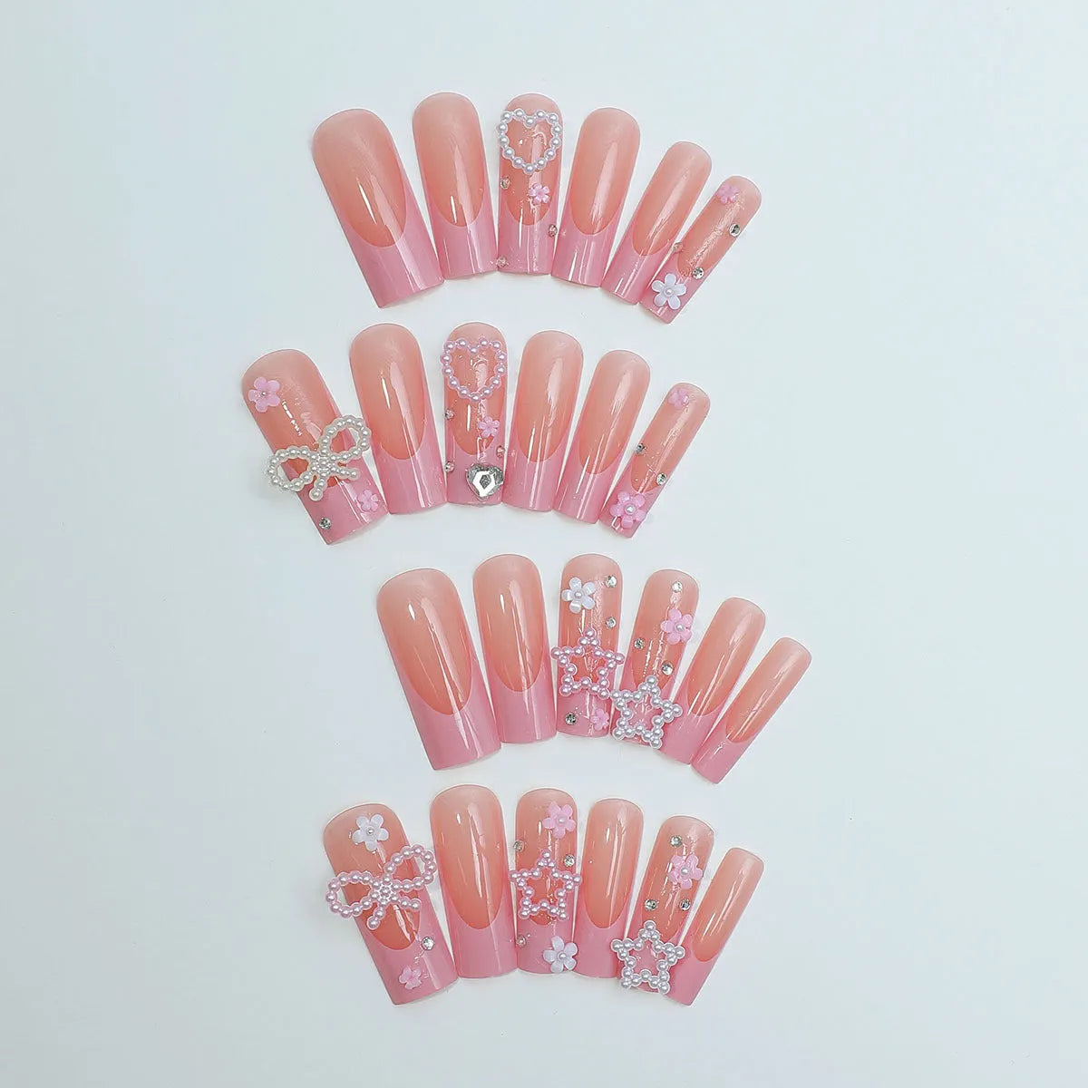 French manicure nail tips with spot drill bow design and super long water pipe shape in XB-70-48 colour