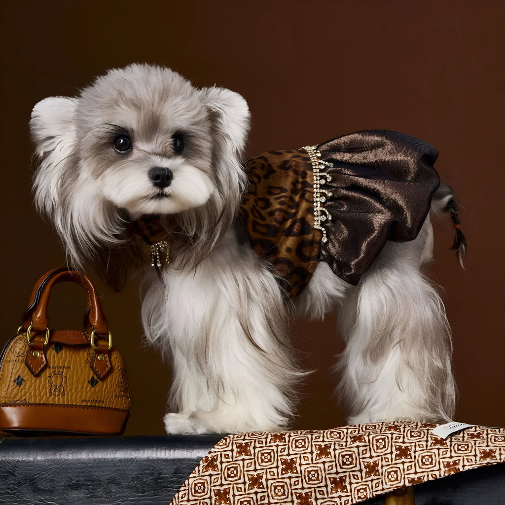 Leopard print polyester dog dress in skirt style, available in sizes XS to XXL for casual autumn pet wear