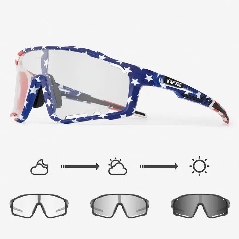 Photochromic cycling sunglasses with a TR90 semi-rimless frame, shown in one of multiple available colours.