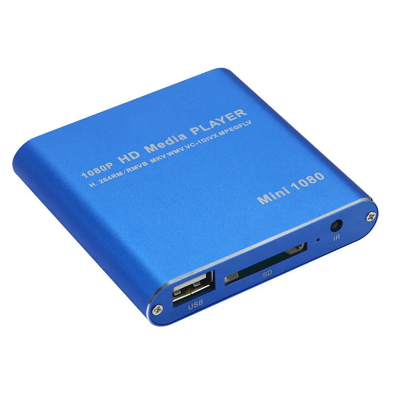 Compact blue metal 1080P Full HD media player with HDMI for USB and SD cards
