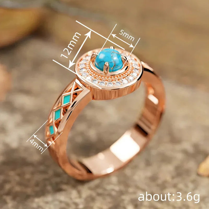 Women's turquoise ethnic style ring with zircon inlay and rose gold finish on copper, geometric shape.