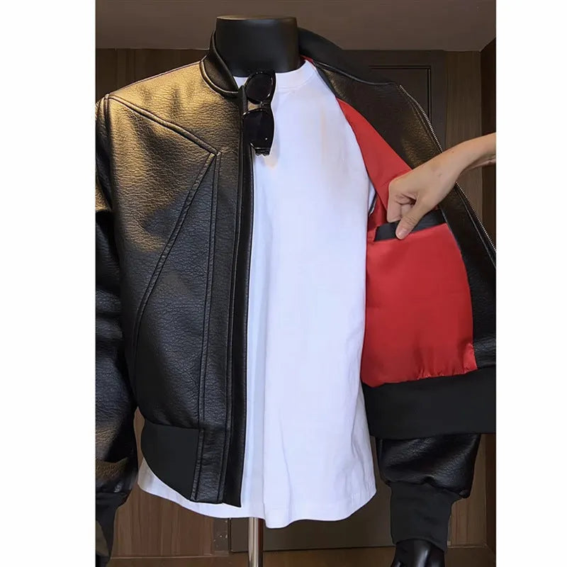 Men's black PU leather jacket with egg white texture and litchi grain pattern, extended 100cm length