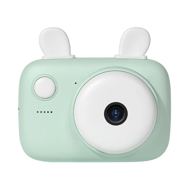 A2 Macaron shaped kids digital camera with colour options, showing front and rear cameras and a 2.4 inch screen.