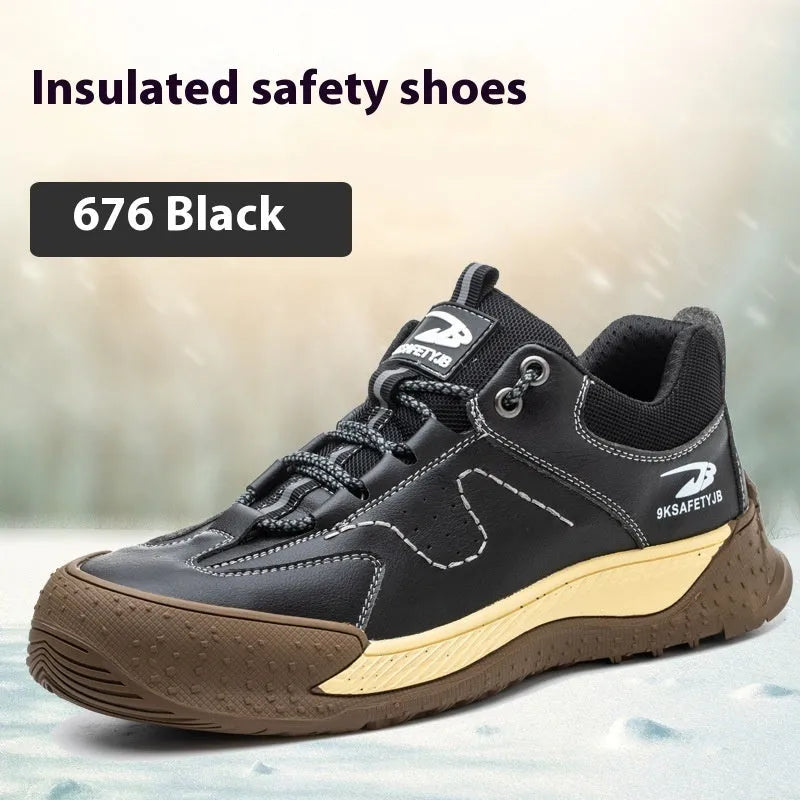 Men's leather work safety shoe with a black rubber sole, shown in a neutral colour.