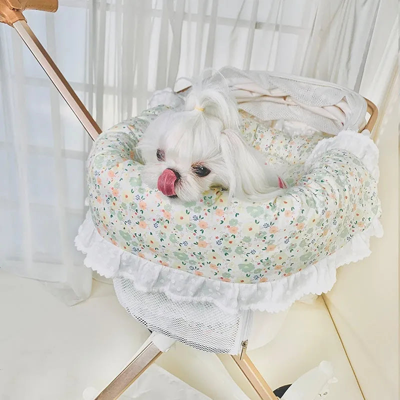 Pure cotton pet stroller cushion set with removable pillow, cushion, and anti-dirty towel in a floral pattern.