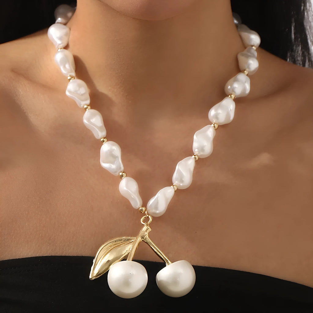 Women's irregular geometric pearl cherry fruit necklace with gold electroplated alloy pendant on adjustable chain