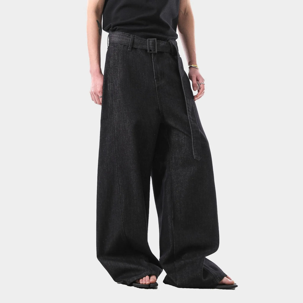 Black American retro high waist straight leg jeans on a model, showing the zip fly and straight cut.