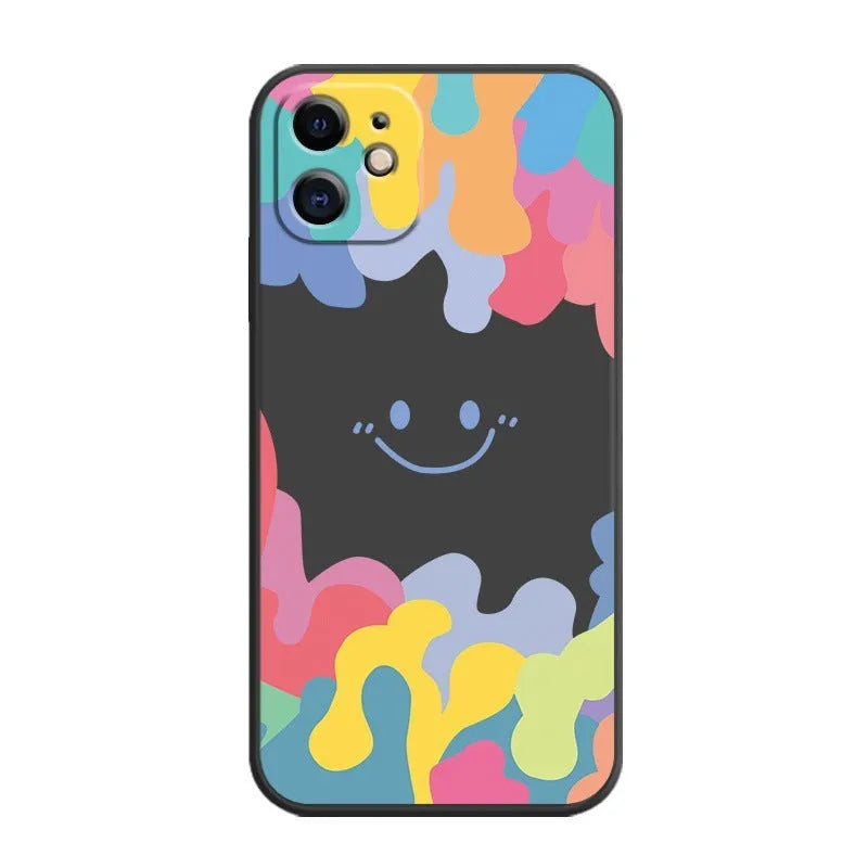 Colourful rainbow smiley face design on white TPU iPhone case with attached lanyard