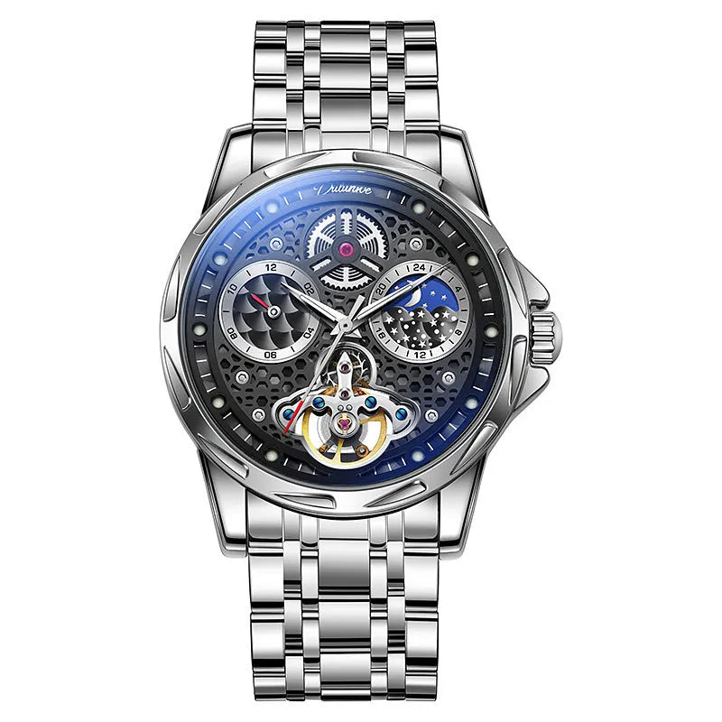 Men's automatic waterproof watch with luminous dial on stainless steel bracelet.
